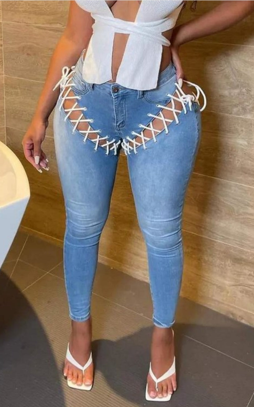 Eyelet lace up high waist jeans