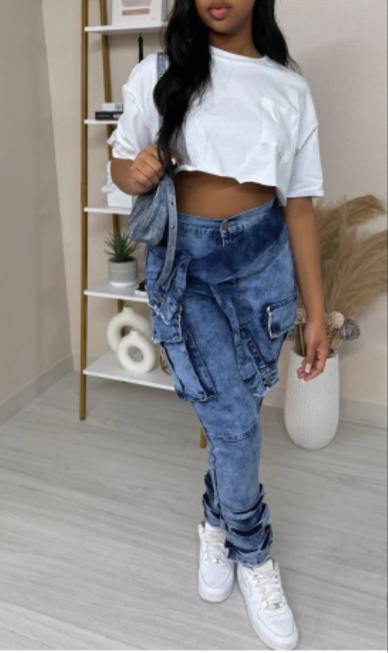 Denim pocket pants W/SLV belt