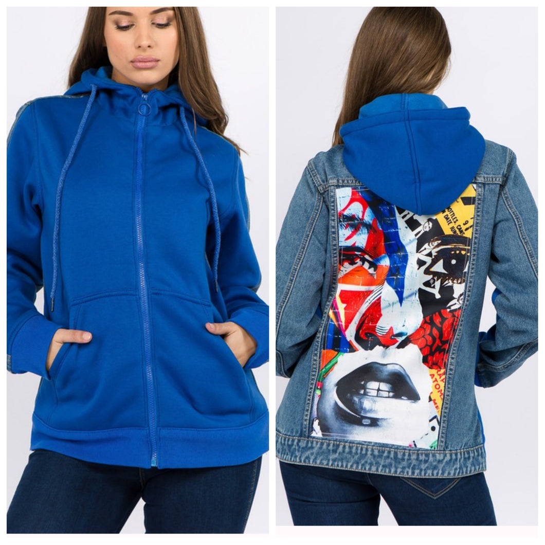 Denim and Jersey jacket with zip up hood