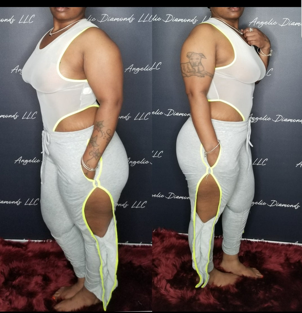 gray sheer top 2 piece jogger set