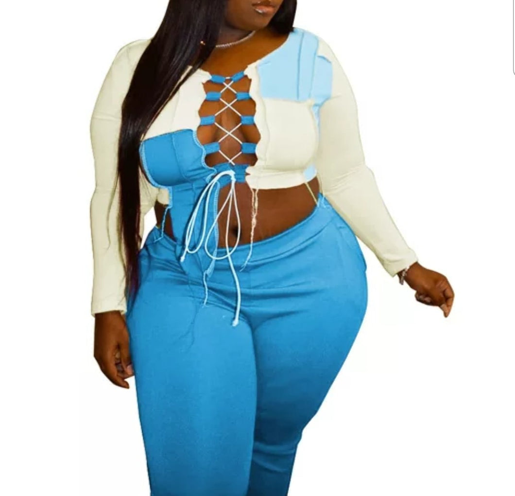 long sleeve blue plus size set