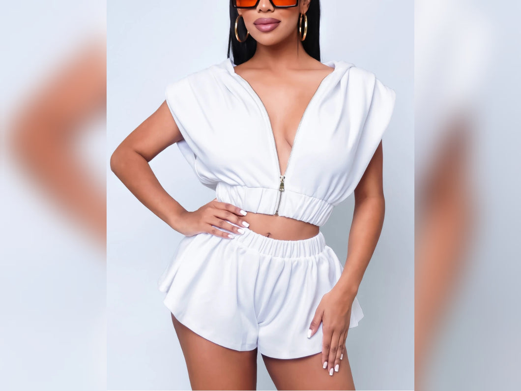 white hooded short set