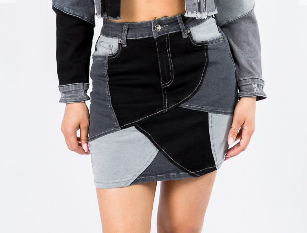 plus size black patchwork denim skirt